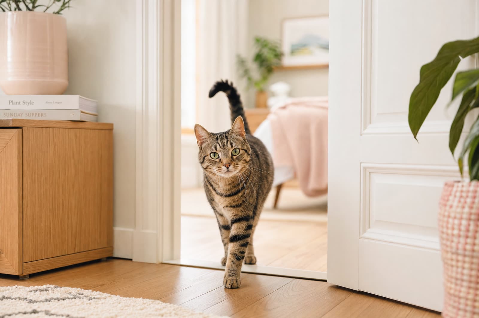 A tabby cat walking through a doorway in a bright home