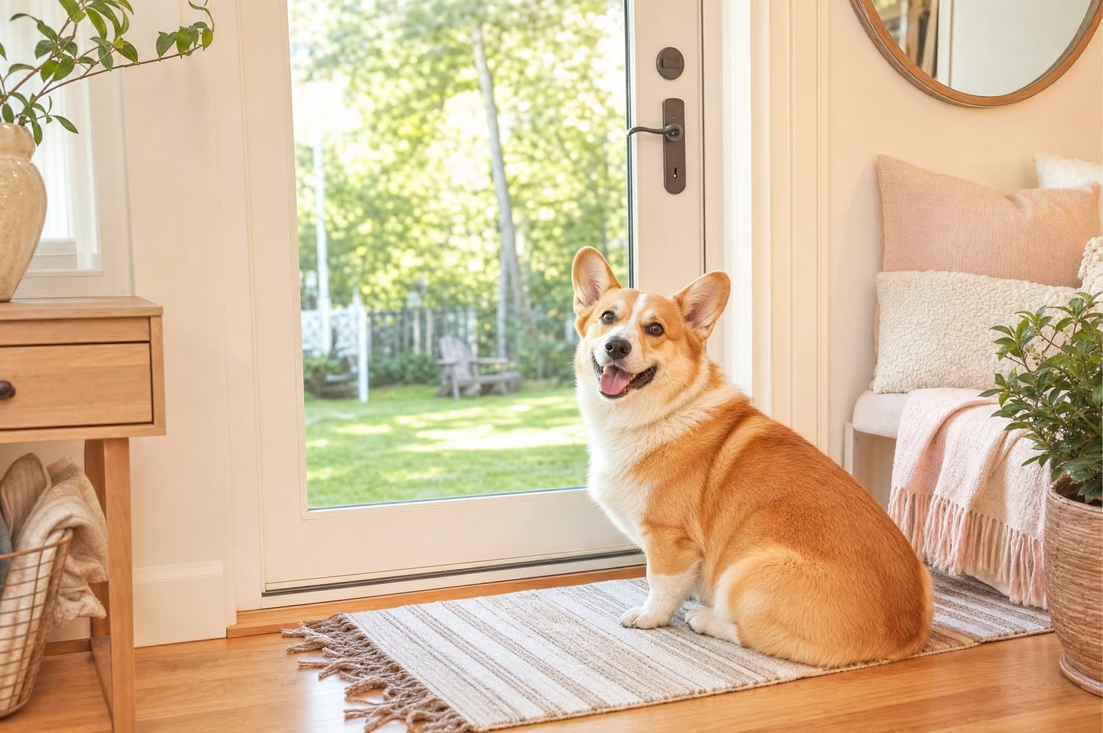 A happy corgi by a back door looking out to the yard