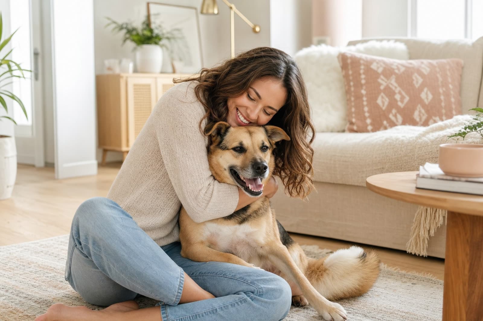 A happy pet owner relaxing at home with their dog