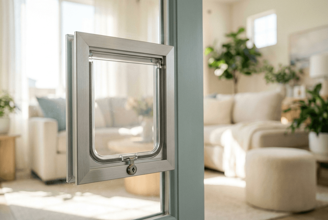 Close-up of a premium installed aluminum pet door